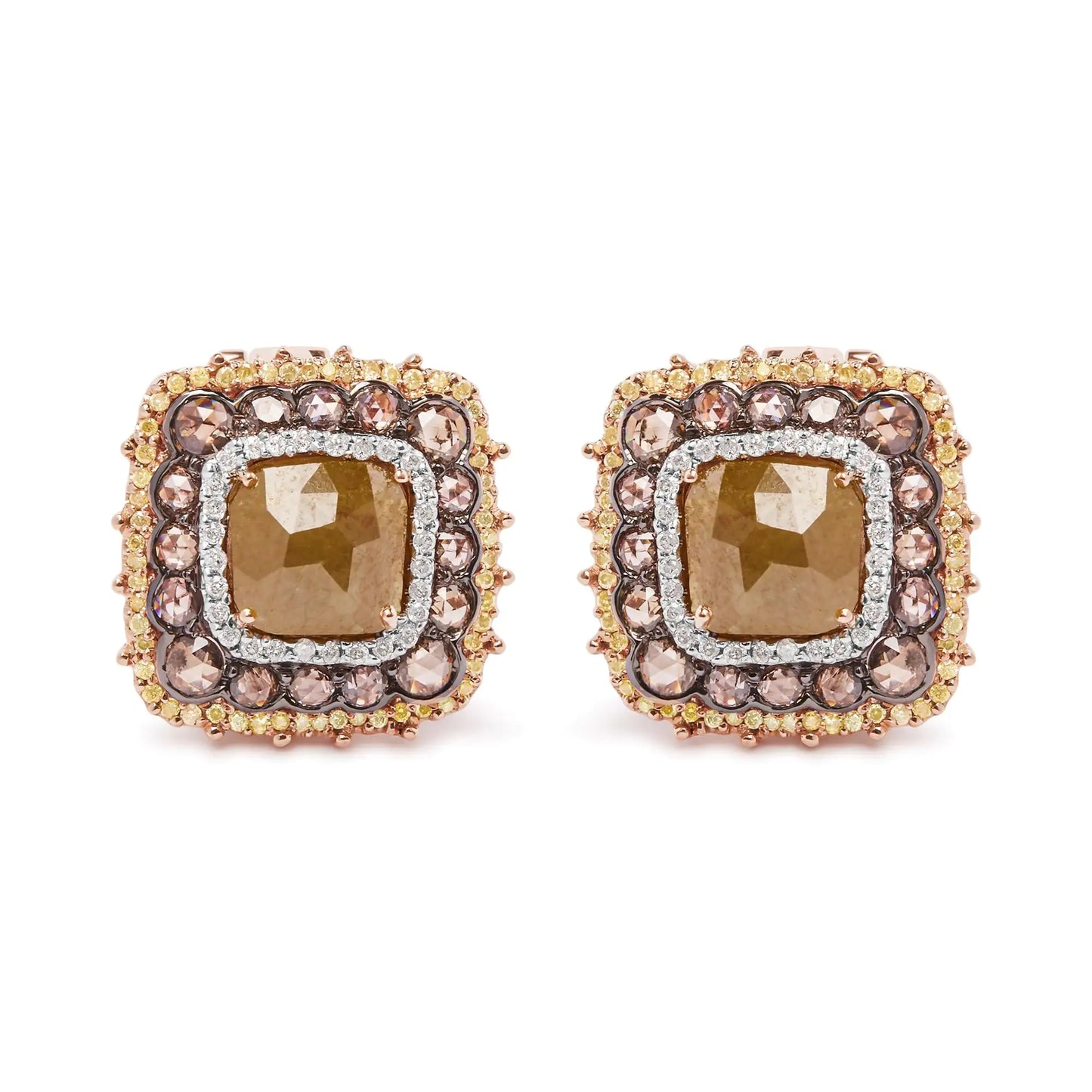 14K Rose Gold 6.00 Cttw Fancy Diamond Cushion Shaped Triple Halo Stud Earrings (Fancy Color, I2-I3 Clarity)