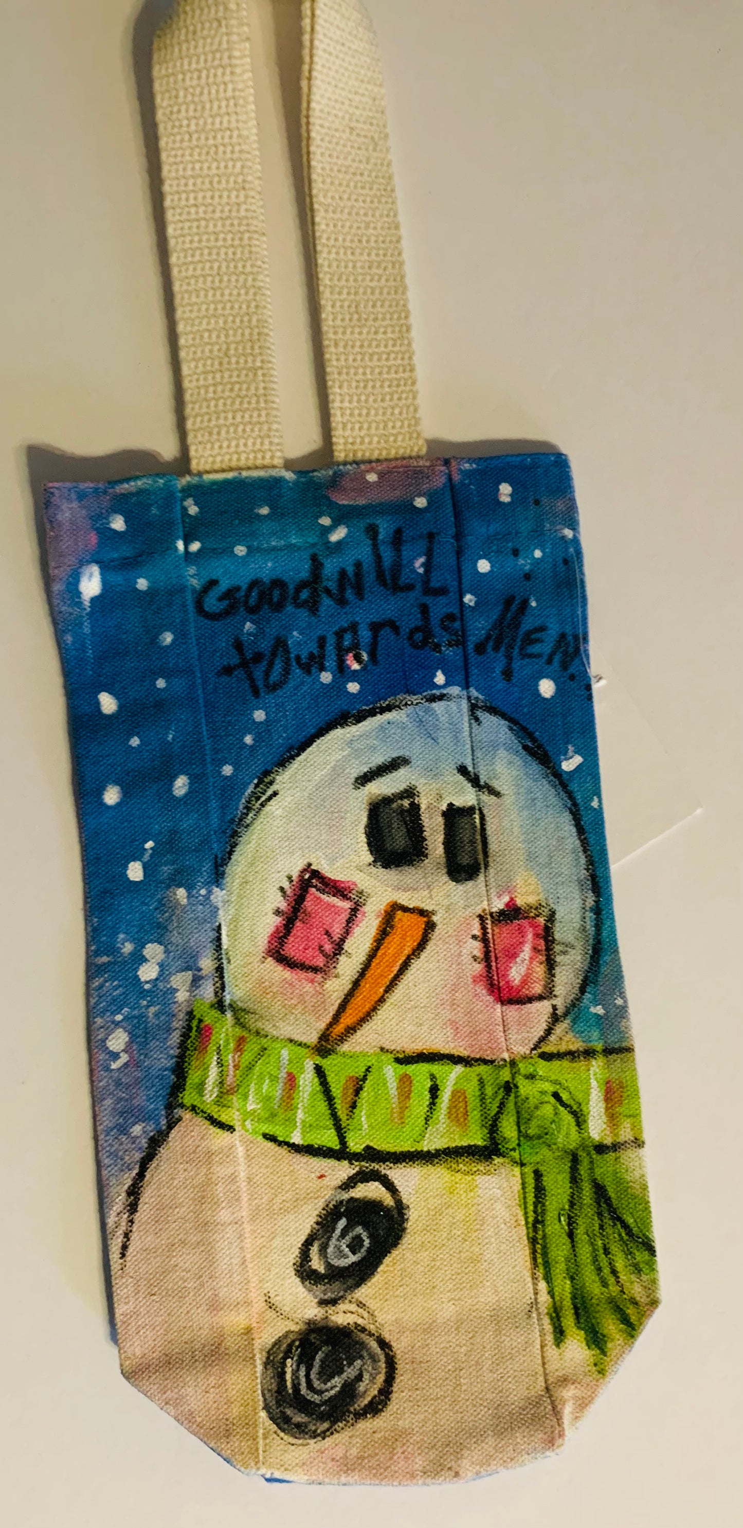 Wine bag - hand painted - snowman - goodwill towards men - 217