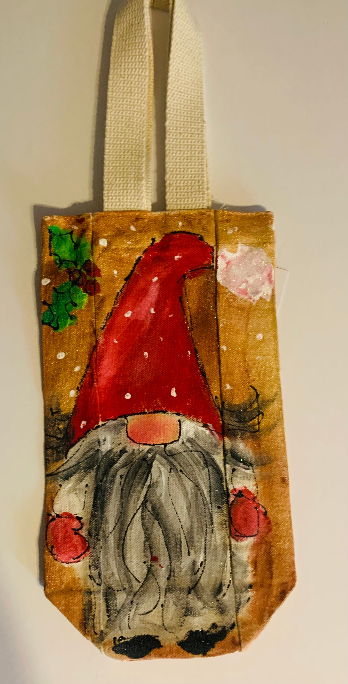 Wine Bag - Hand Painted - gnome - Holiday - #210