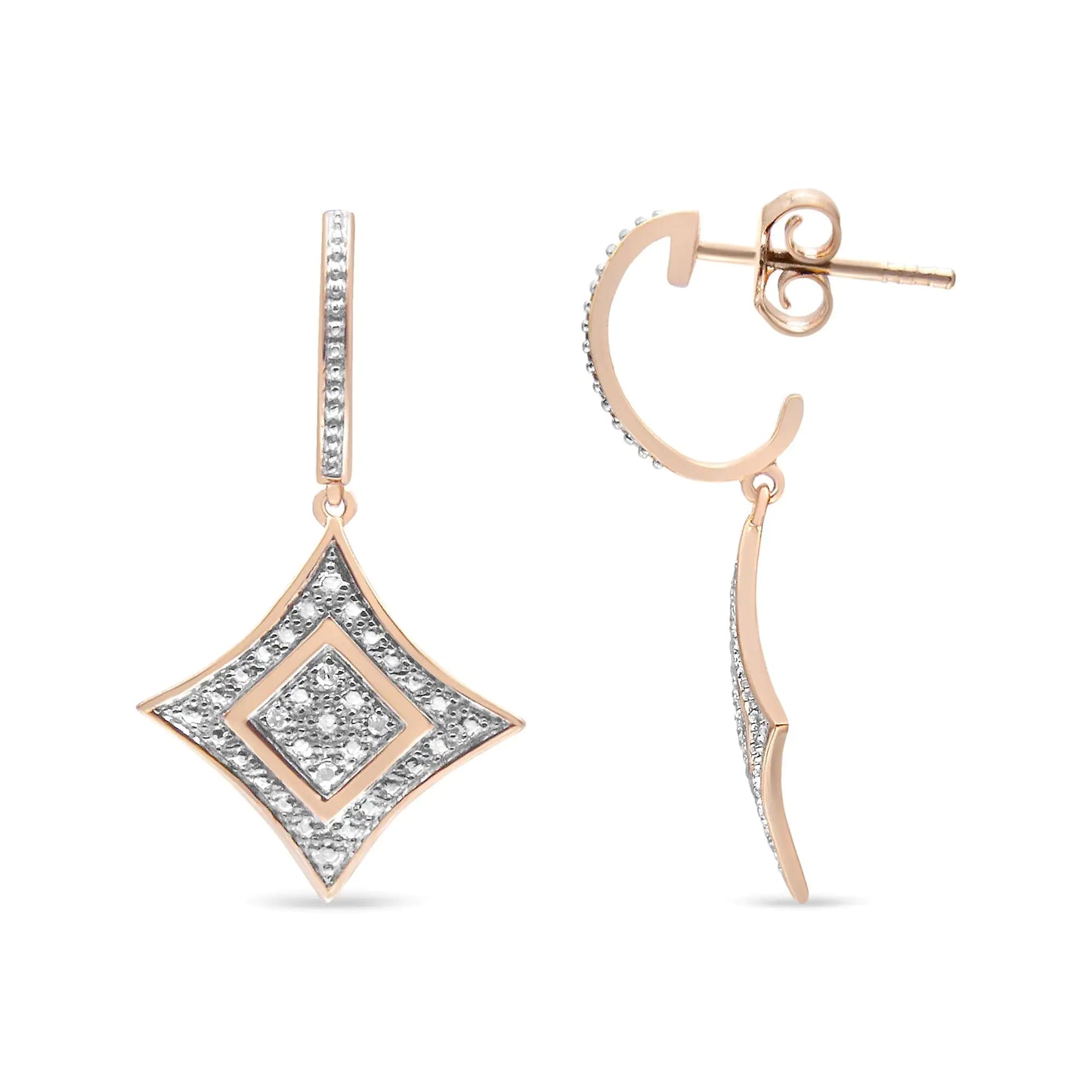 10K Rose Gold Plated Sterling Silver Round Cut Diamond Cushion Dangle Earrings (0.04 cttw, H-I Color, I2-I3 Clarity)